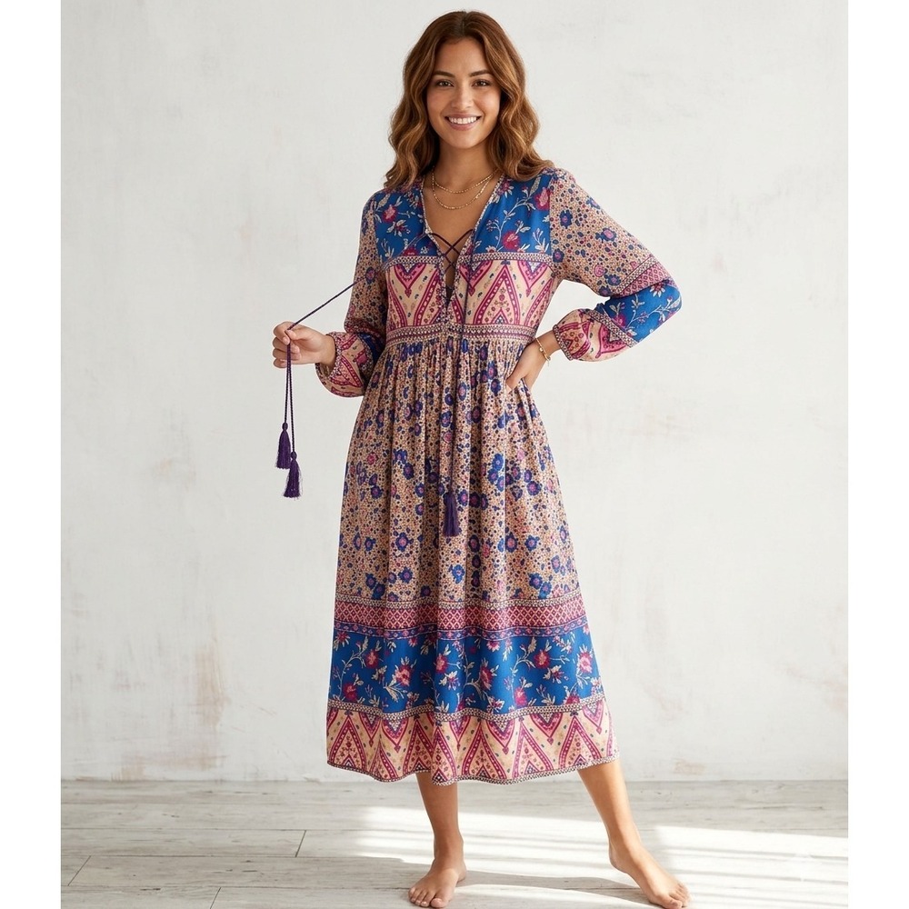 R.Vivimos Women's M Long Sleeve Floral Print -Bohemian Midi Dress‎ V Neck Beachy